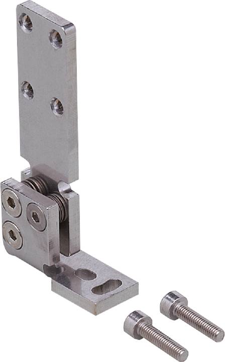 Metallteil mit zwei beweglichen Scharnieren und Schrauben, wahrscheinlich Teil eines größeren Mechanismus oder Geräts.