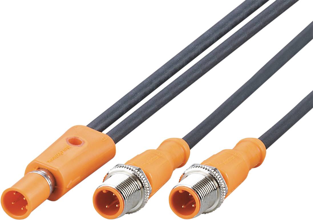 Drei orangefarbene Steckverbinder mit schwarzen Kabeln. Sie sehen industriell aus und haben silberne Schraubverschlüsse.