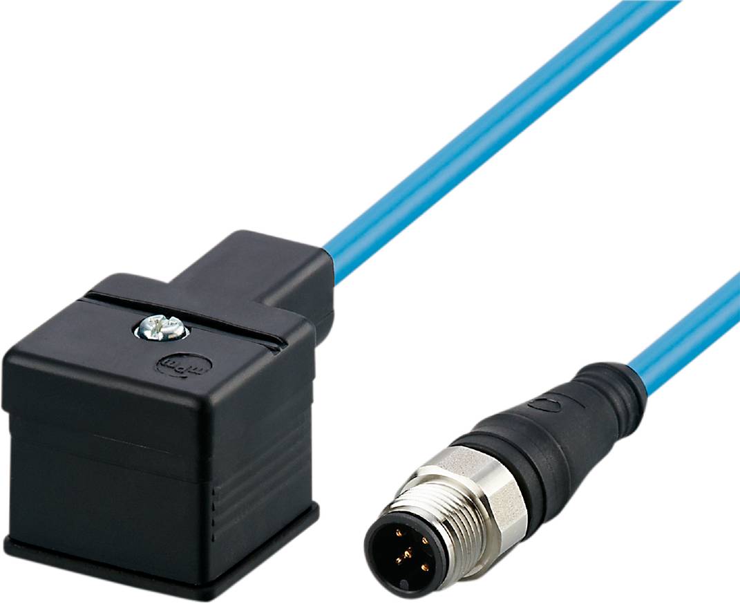 Ein blauer Kabelstrang mit schwarzem Anschlussstecker und sechspoligem Rundstecker am Ende, geeignet für technische Anwendungen.