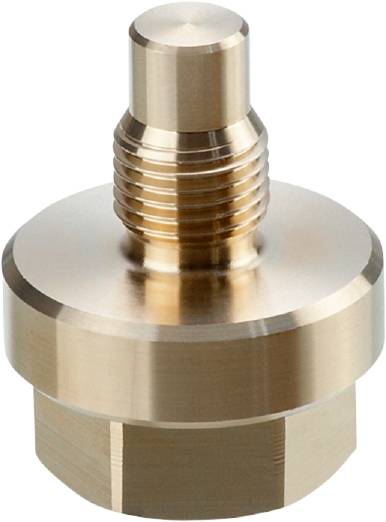 Ein Metallbauteil mit Gewinde, vermutlich ein Ventil oder Adapter, vor weißem Hintergrund. Es hat eine glänzende Oberfläche.