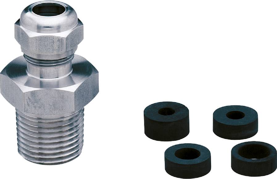 Metallverbindung mit Gewinde und drei schwarzen Dichtungsringen auf weißem Hintergrund.