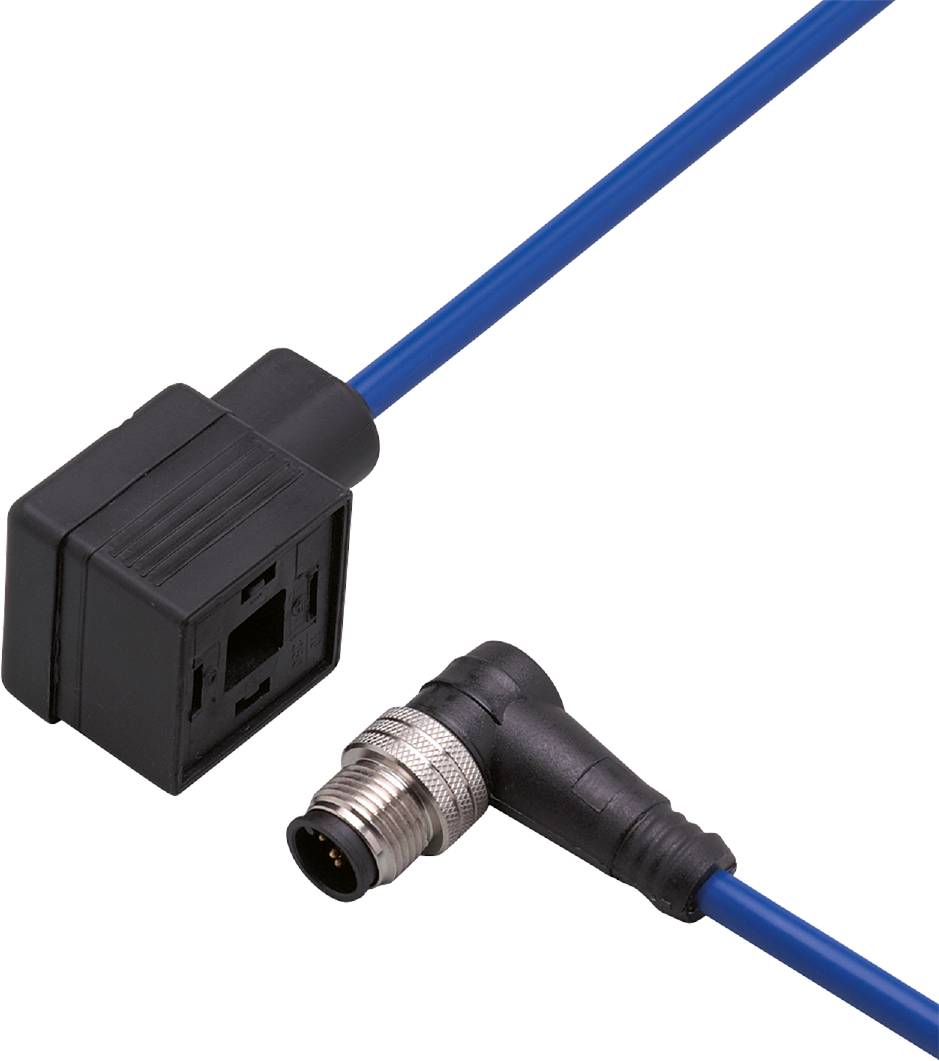 Ein blaues Kabel mit einem Winkelstecker und einer rechteckigen Buchse, geeignet für industrielle oder technische Anwendungen.