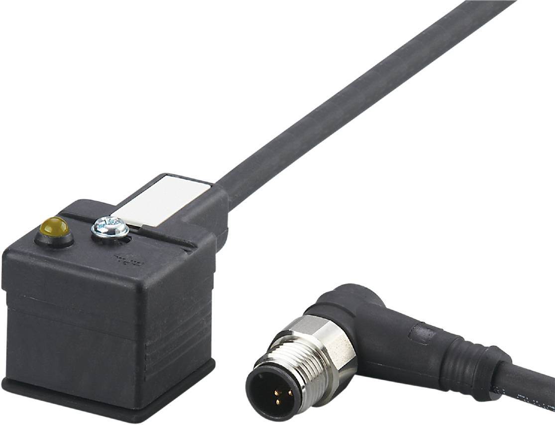 Elektrischer Steckverbinder mit schwarzem Gehäuse und rundem Metallstecker, verbunden mit einem Kabel.