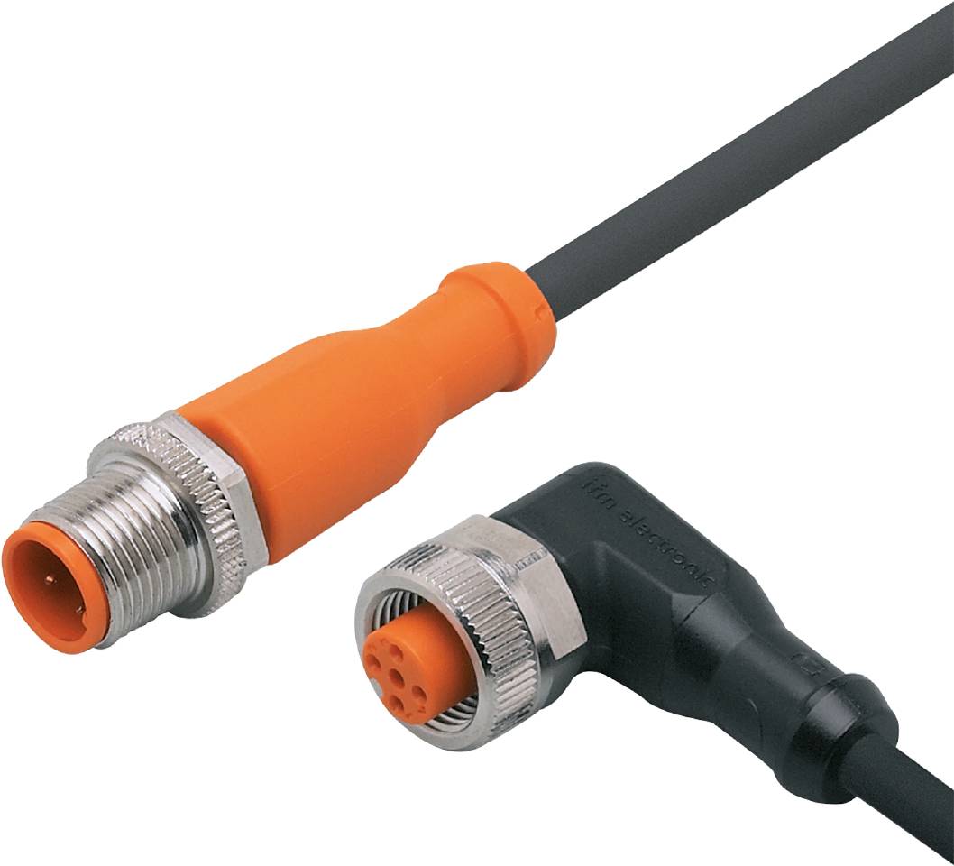 Ein orangefarbener und ein schwarzer Sensorstecker mit verschiedenen Anschlussarten für industrielle Anwendungen.