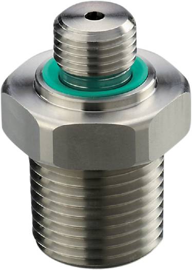 Große Metallschraube mit sechseckigem Kopf und Gewinde, durch eine Gummidichtung ergänzt. Geeignet für mechanische Verbindungen.