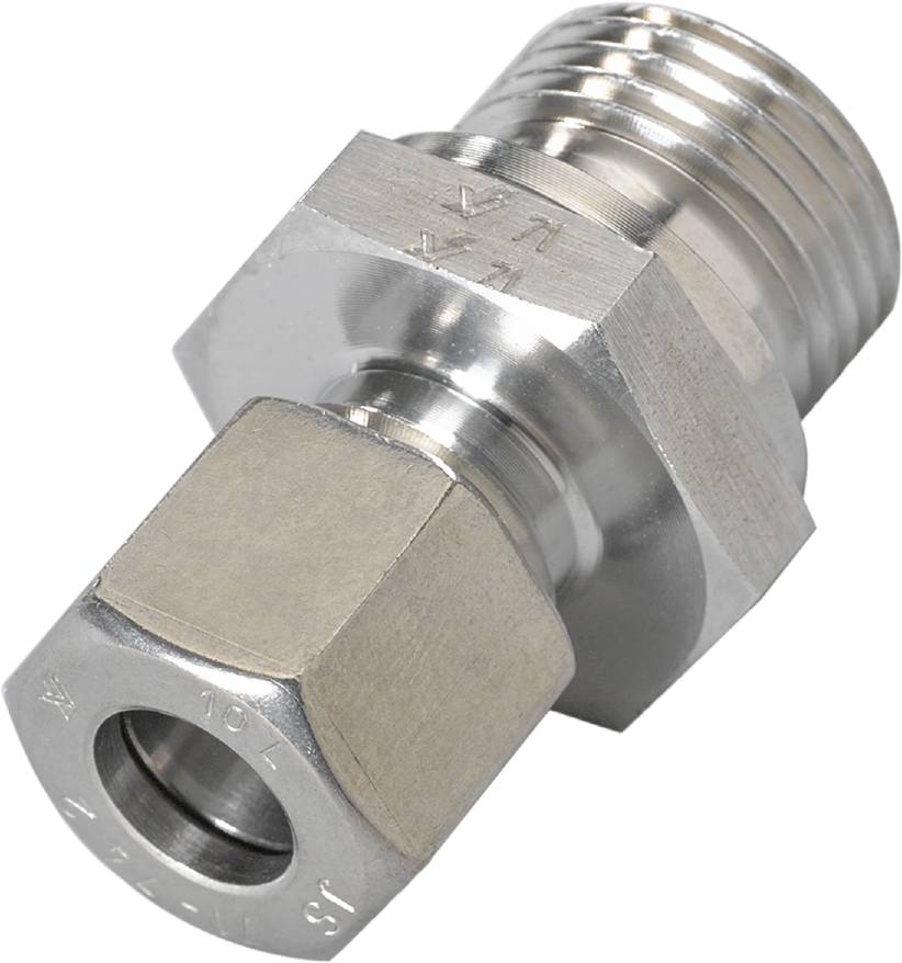 Ein gewindebeschichteter Metalladapter, der zwei Rohrleitungen verbindet. Er hat eine sechseckige Mutter für die Befestigung.