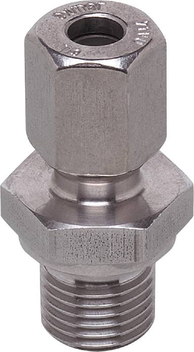 Ein metallisches Sechskant-Bauteil, vermutlich eine Steckverbindung oder ein Adapter, dargestellt auf einem neutralen Hintergrund.