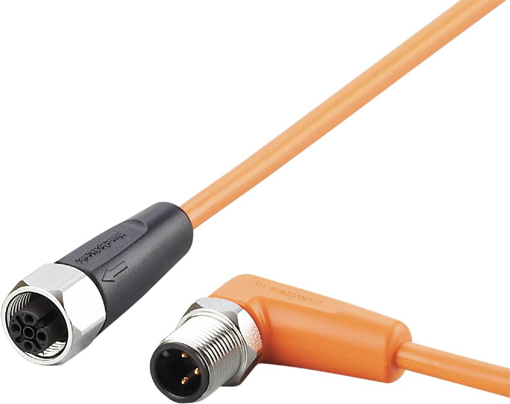 Ein orangefarbenes Kabel mit einem geraden Stecker links und einem abgewinkelten Stecker rechts; möglicherweise für elektronische Verbindungen.