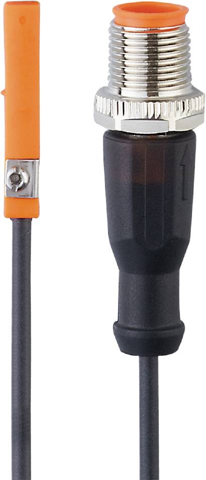 Ein schwarzer Stecker und ein orangener Draht mit Klemme, die vertikal angeordnet sind.
