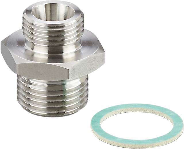 Metallischer Anschluss mit Gewinde links und kreisförmigem Dichtungsring rechts; für mechanische Verbindungen verwendet.