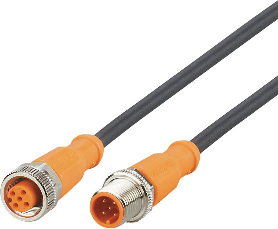 Zwei schwarze Kabel mit silbernen, runden Steckverbindern an den Enden, die orangefarben umrandet sind.
