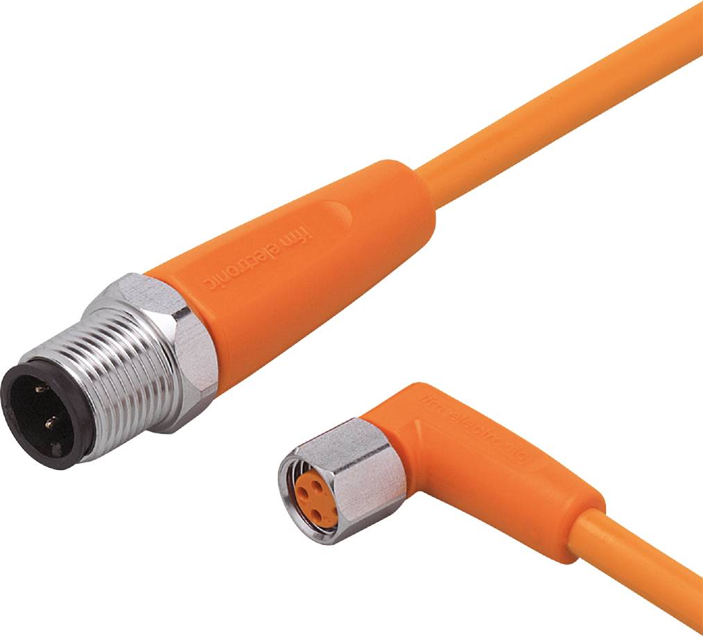 Ein orangefarbenes, winkelförmiges Verbindungskabel mit zwei Steckern in unterschiedlichen Größen, geeignet für industrielle Anwendungen.