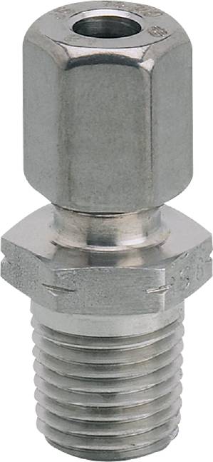 Metallanschlussstück mit sechseckiger Mutter, wahrscheinlich für Sanitär- oder Industrieverbindungen. Silberne, glänzende Oberfläche.