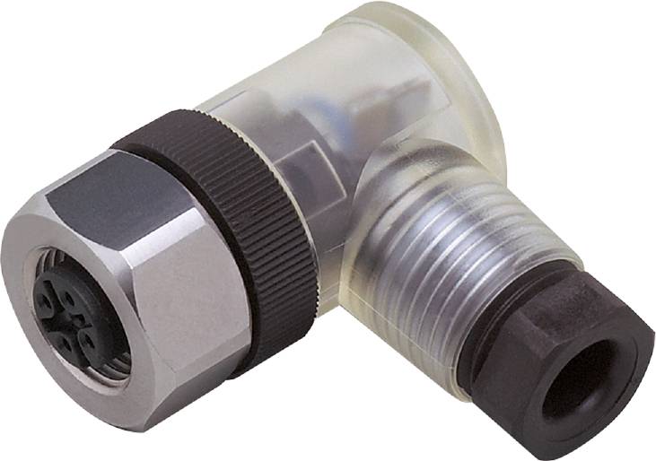 Metallisches L-förmiges Rohrbauteil mit Gewinde und Kunststoffelement, wahrscheinlich für Sanitär- oder mechanische Verbindungen geeignet.