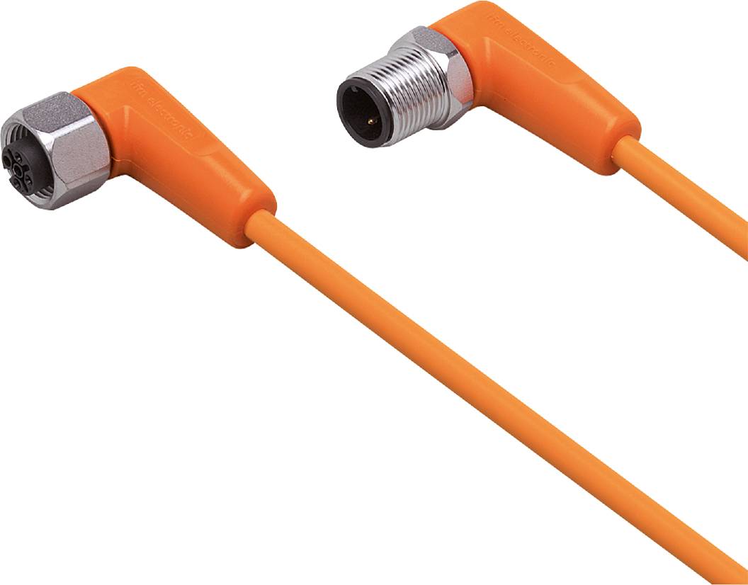Ein orangefarbenes elektrisches Kabel mit einem gewinkelten Stecker und einer Metallverschraubung am Ende, geeignet für industrielle Anwendungen.