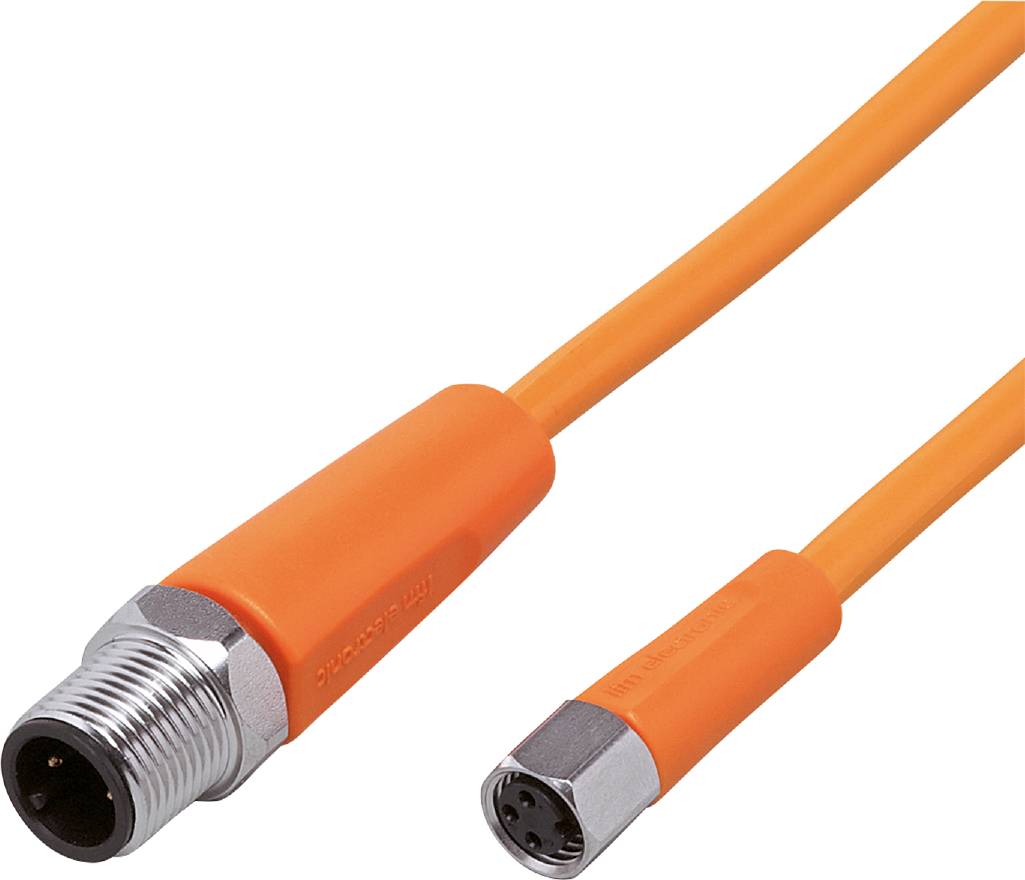 Ein oranges elektrisches Kabel mit Metallstecker und Buchse an den Enden, zur Verbindung von Geräten oder Maschinen.