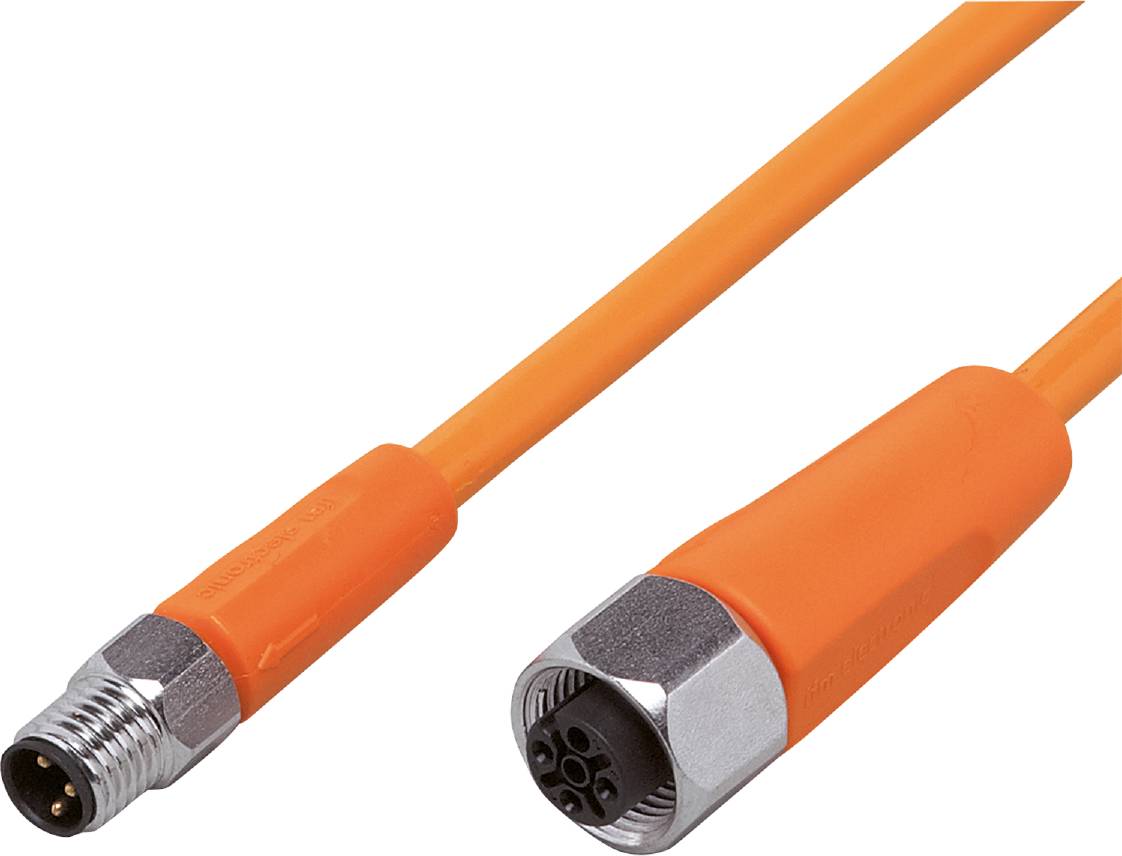Ein orangefarbenes Kabel mit einem runden Steckverbinder an beiden Enden.