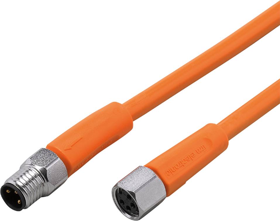 Ein orangefarbenes, zylindrisches Kabel mit metallischen Steckverbindern an beiden Enden, möglicherweise für industrielle Anwendungen geeignet.