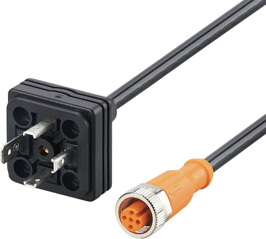 Schwarzer quadratischer Anschlussstecker links. Rechts ein orangefarbener Rundstecker mit mehreren Metallpins, verbunden durch ein schwarzes Kabel.