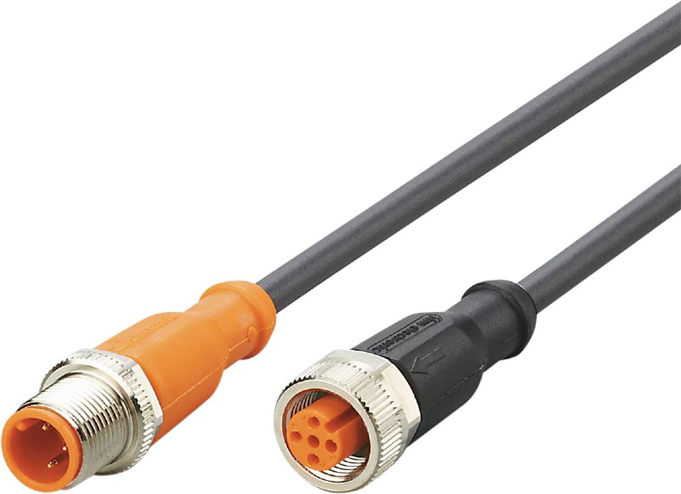 Zwei industrielle Steckverbinderkabel in schwarz und orange, nebeneinander liegend, zeigen unterschiedliche Konfigurationen von Steckverbindern.