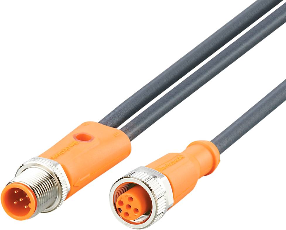 Zwei orangefarbene M12-Steckverbinder mit schwarzen Kabeln, gezeigt in Nahaufnahme, geeignet für industrielle Anwendungen.