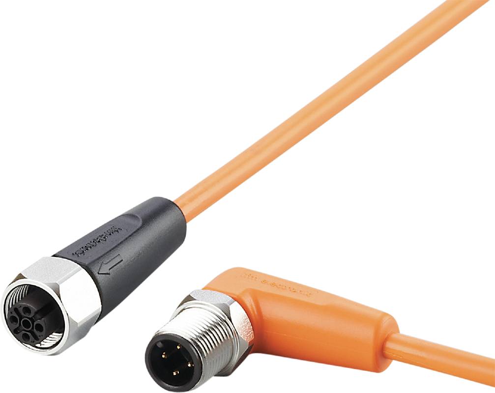 Ein orangefarbenes Koaxialkabel mit einem rechtwinkligen Metallstecker und einem linearen Stecker, genutzt für Industrieanwendungen.