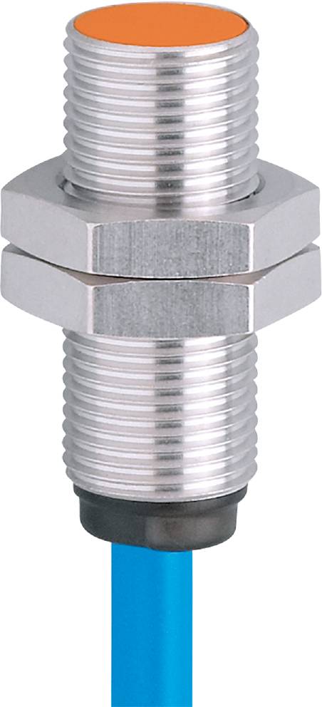 Ein silberner, zylindrischer Sensor mit Gewinde, häufig verwendet zur Abstandsmessung oder Erkennung in industriellen Anwendungen.