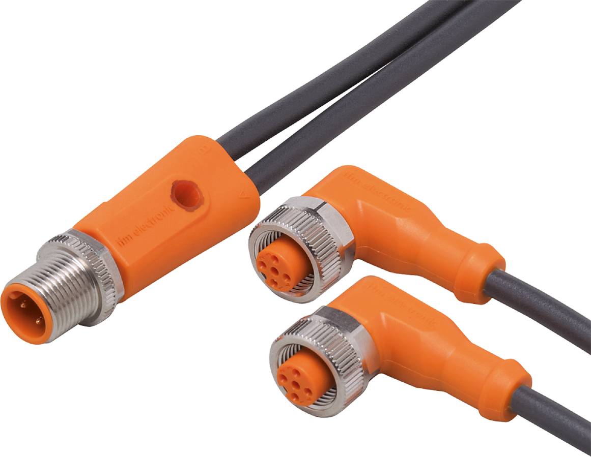 Zwei orangefarbene Steckverbinder mit Winkelsteckern und Metallverschraubungen, verbunden durch schwarze Kabel.