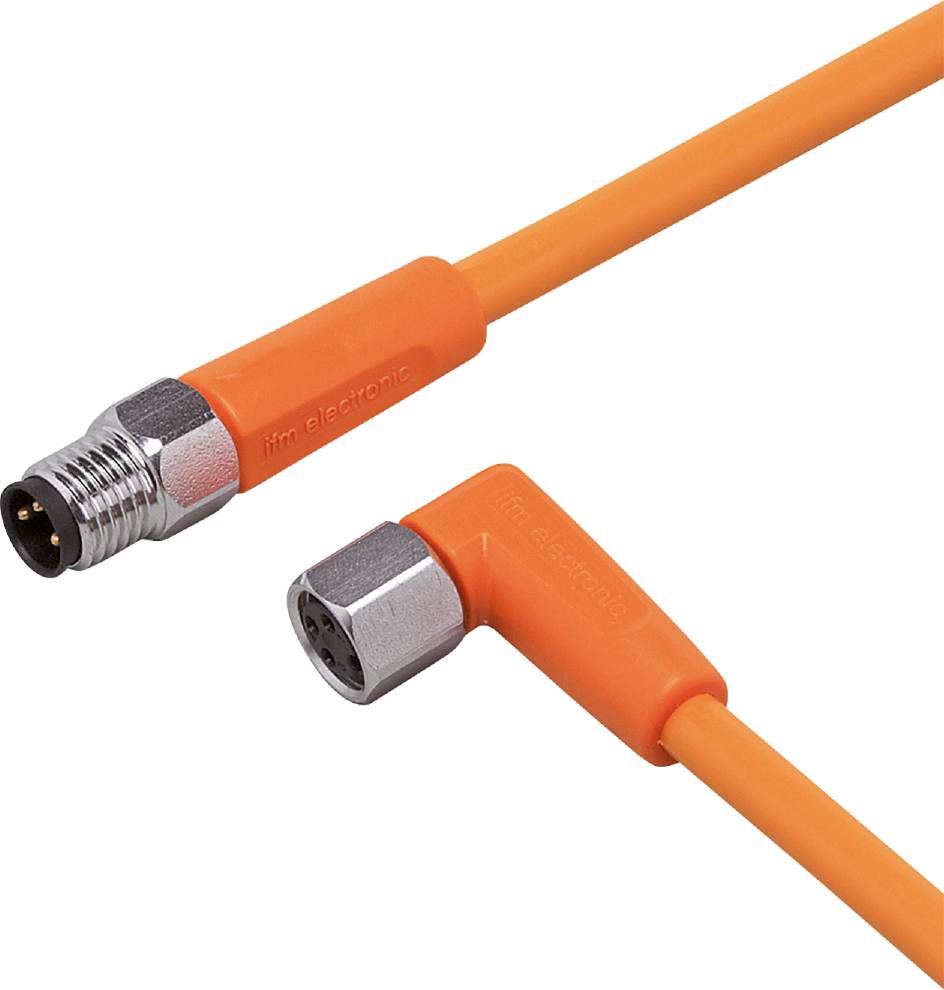 Oranges Verbindungskabel mit gewinkeltem und geradem Stecker, geeignet für industrielle Anwendungen oder Maschinen.