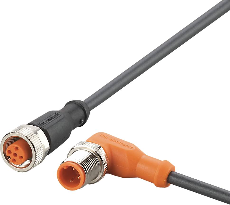 Ein schwarzes Kabel mit einem runden, weiblichen Stecker und ein oranges Kabel mit einem runden, männlichen Stecker, beide mit Metallgewinde.