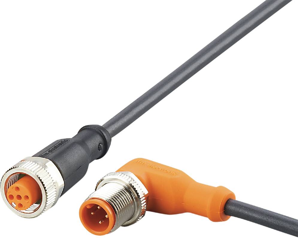 Ein schwarzes und ein orangefarbenes Kabel mit 5-poligen Steckverbindern, die möglicherweise zur Verbindung elektronischer Geräte verwendet werden.