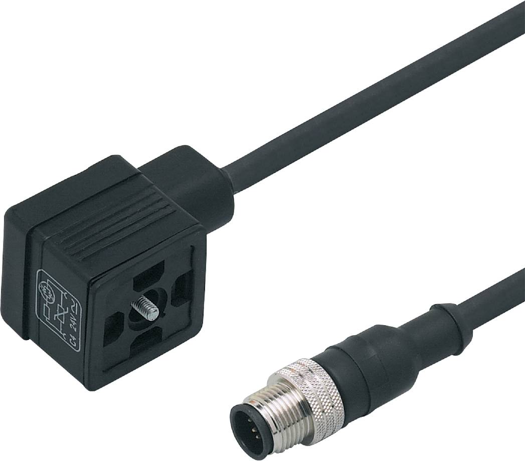 Ein rechteckiger Steckverbinder und ein zylindrischer Stecker liegen auf einem Tisch, verbunden durch ein schwarzes Kabel.