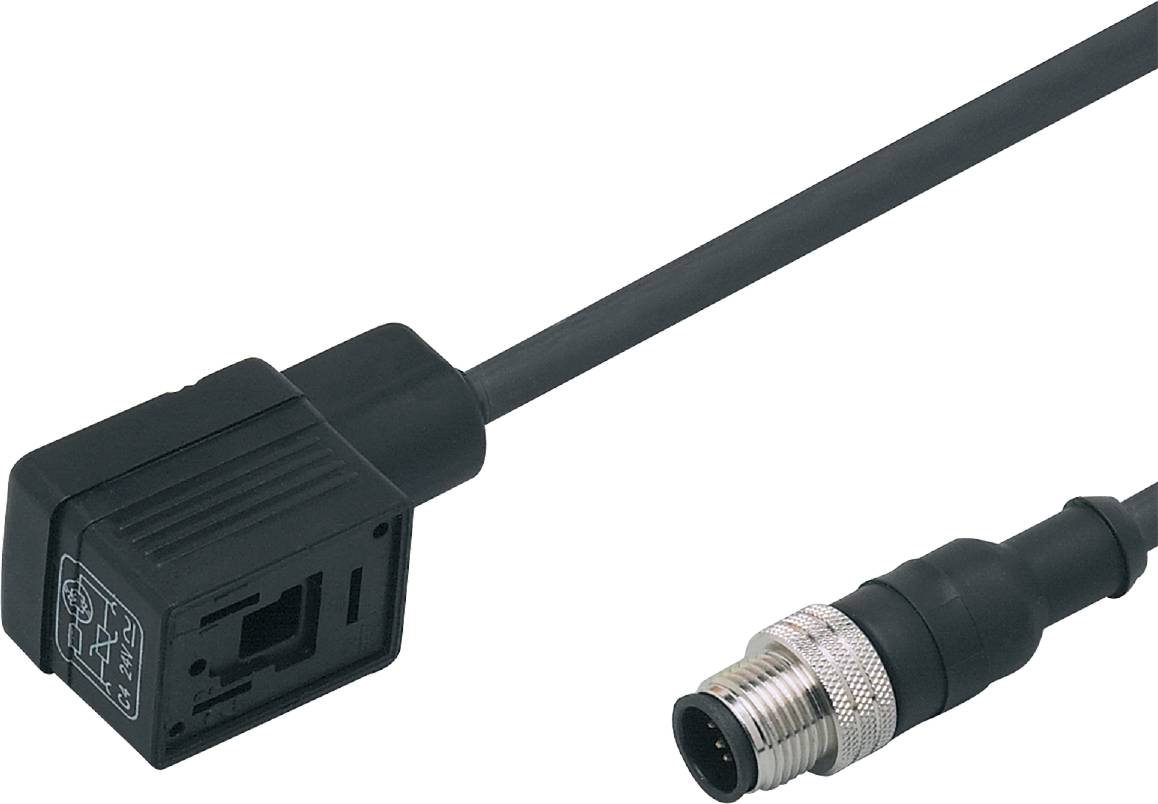 Ein schwarzes elektrisches Kabel mit rechteckigem Stecker und ein rundes Metallkabel mit Schraubverschluss auf weißem Hintergrund.