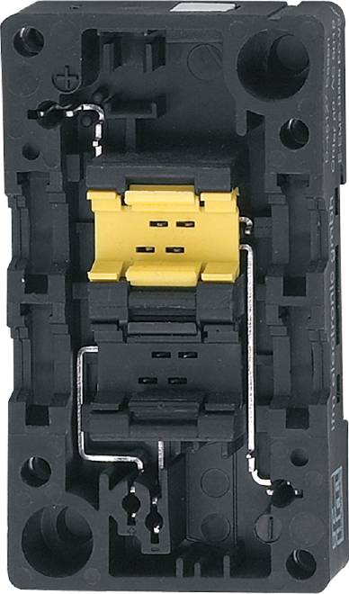 Schwarzes elektrisches Bauteil mit gelben und silbernen Komponenten. Farbig markierte Abschnitte heben Schaltermechanismen hervor.