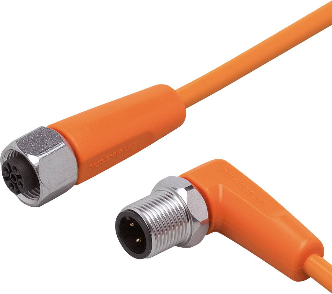Ein orangefarbenes, rechtwinkliges Kabel mit einem metallischen Steckverbinder. Geeignet für elektronische Anschlüsse.