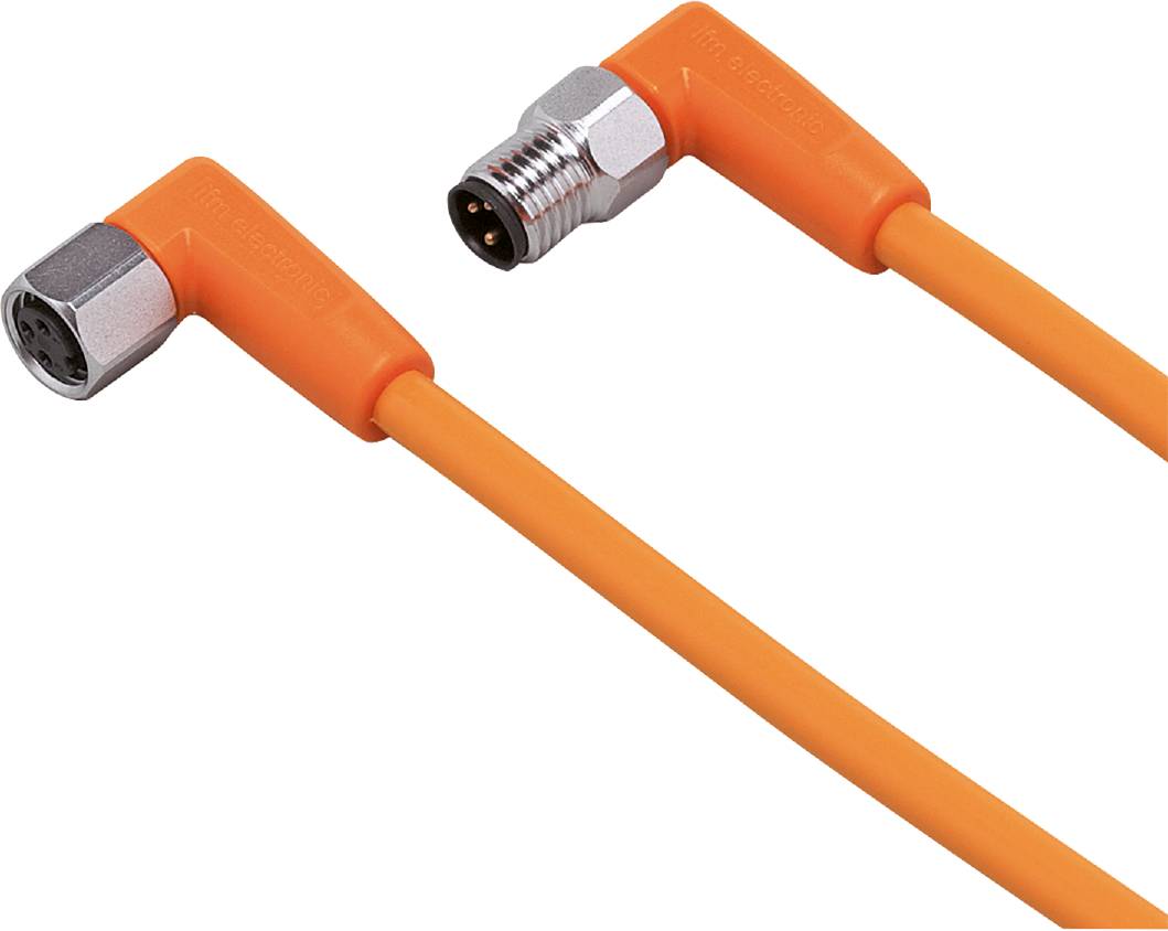 Ein orangefarbenes Kabel mit einem rechtwinkligen Stecker an einem Ende und einem geraden metallenen Stecker am anderen Ende.