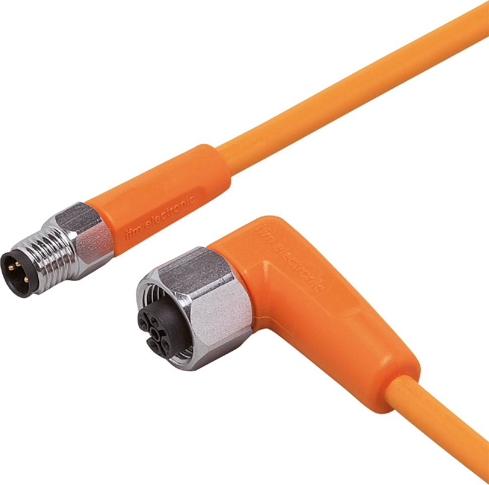 Ein oranges Stecksystemkabel mit einem gewinkelten Stecker auf der rechten Seite. Der Stecker ist für industrielle Anwendungen geeignet.