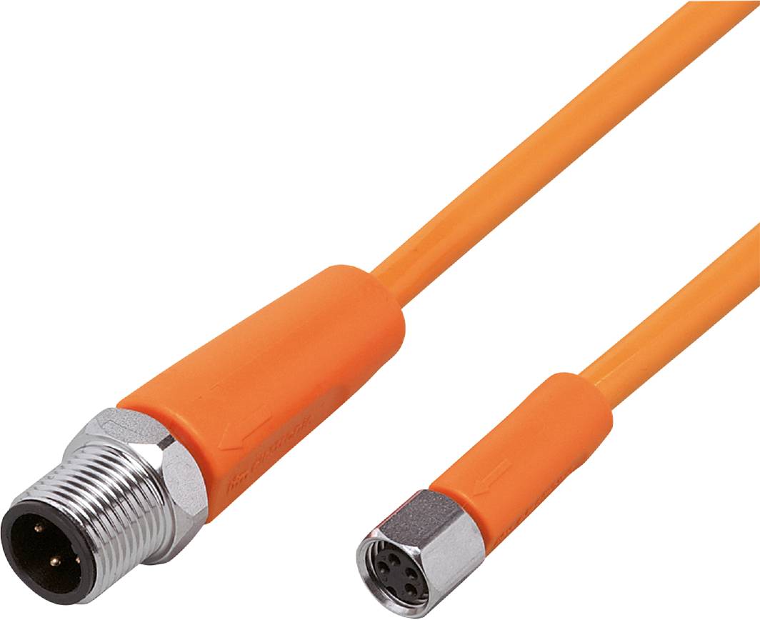 Orangefarbenes Sensorkabel mit Stecker auf weißem Hintergrund. Das Kabel hat zwei unterschiedliche Steckverbinder an den Enden.