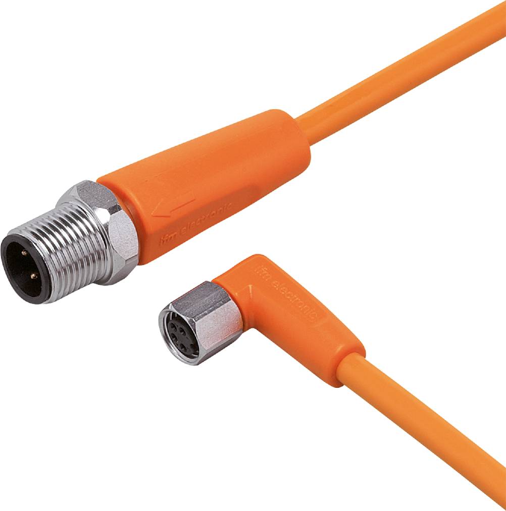 Ein orangefarbenes Kabel mit geradem und gewinkeltem Stecker. Der linke Stecker hat ein metallisches Gewinde, der rechte ist abgewinkelt.