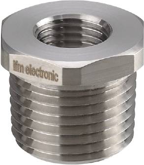 Ein silbernes, metallisches Gewindeteil mit Inschrift 'ifm electronic'. Es scheint ein Befestigungselement oder Adapter zu sein.