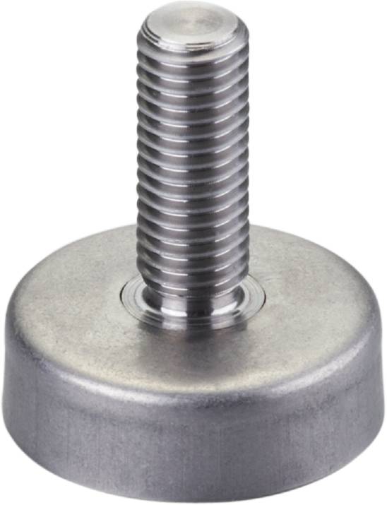 Metallisch aussehende Nivellierschraube mit rundem Sockel und geradem Gewinde. Entworfen für Stabilität und Höhenanpassung.