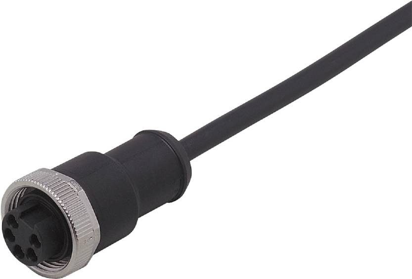 Schwarzes Koaxialkabel mit Metallanschluss, isoliert vor hellem Hintergrund. Hauptsächlich zur Übertragung von Hochfrequenzsignalen verwendet.