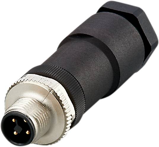 Ein schwarzer, mehrpoliger Steckverbinder mit metallischem Gewinde. Geeignet für industrielle Anwendungen und robuste Verbindungen.