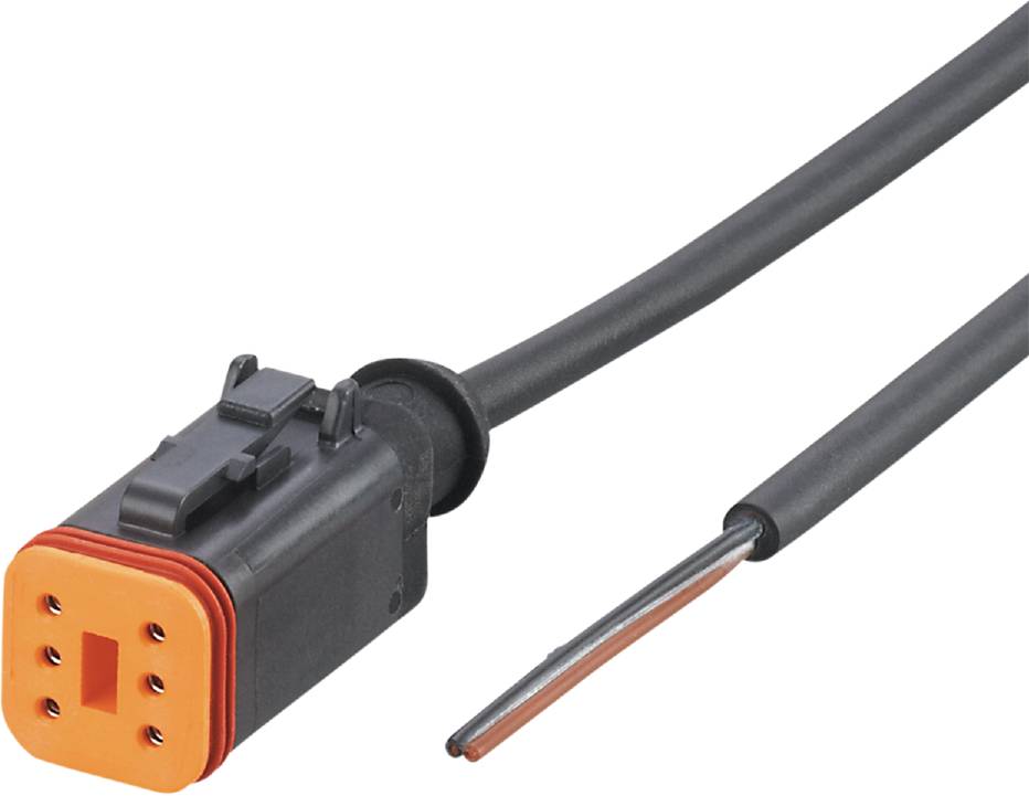 Elektrischer Steckverbinder mit schwarzem Gehäuse und orangefarbener Dichtung. Er hat mehrere metallische Pins und ein schwarzes Kabel.