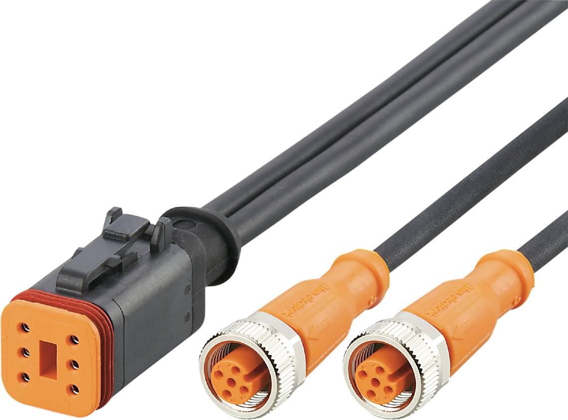 Zwei orange und schwarze elektrische Steckverbinder mit unterschiedlichen Anschlussarten, verbunden mit schwarzen Kabeln.