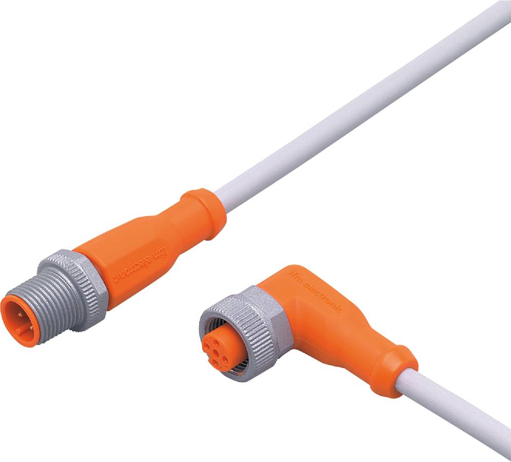 Ein weißes Kabel mit orangefarbenen Steckverbindungen. Eine Verbindung ist gerade, die andere im rechten Winkel abgewinkelt.