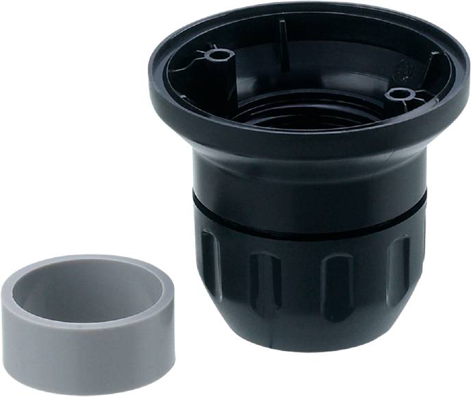 Zwei Kunststoffteile, bestehend aus einem schwarzen Adapter mit Gewinde und einem grauen Ring, die möglicherweise zusammenpassen.