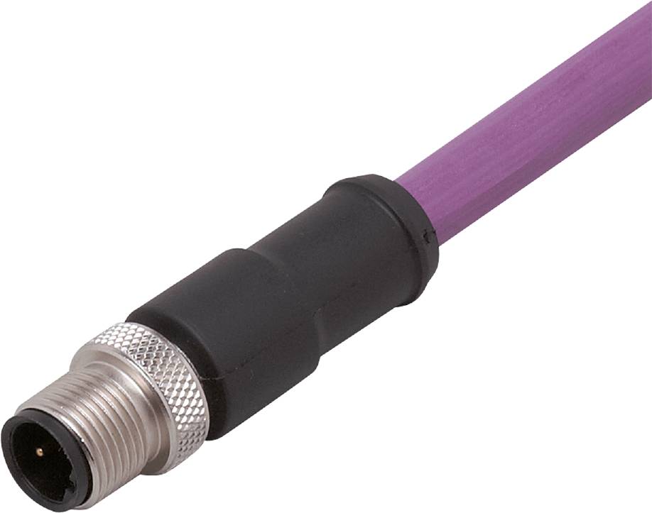 Ein violettes Datenkabel mit schwarzem Stecker und metallischem Gewindeende, typischerweise verwendet für industrielle Verbindungen.