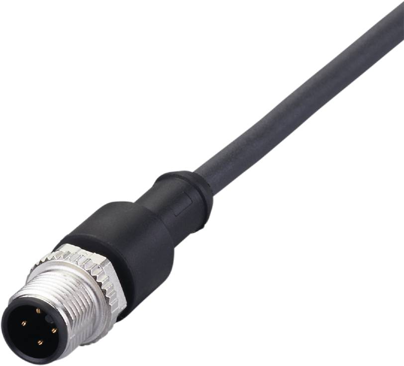 Ein M8-Steckverbinder mit schwarzem Kabel. Der Steckverbinder hat ein metallisches Gewinde und mehrere Kontaktstifte.