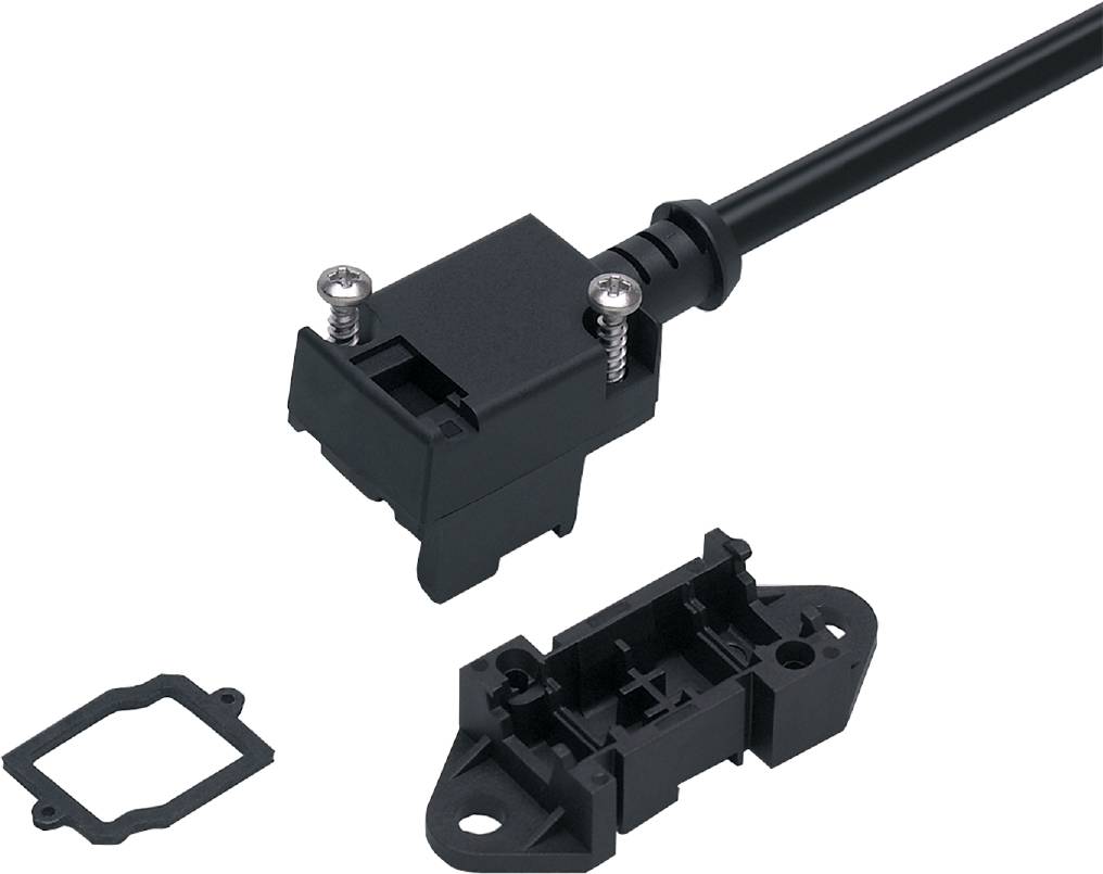 Ein schwarzes, rechtwinkliges Kabel mit Steckverbinder und Schraubbefestigung. Einzelteile liegen daneben zur Montage.